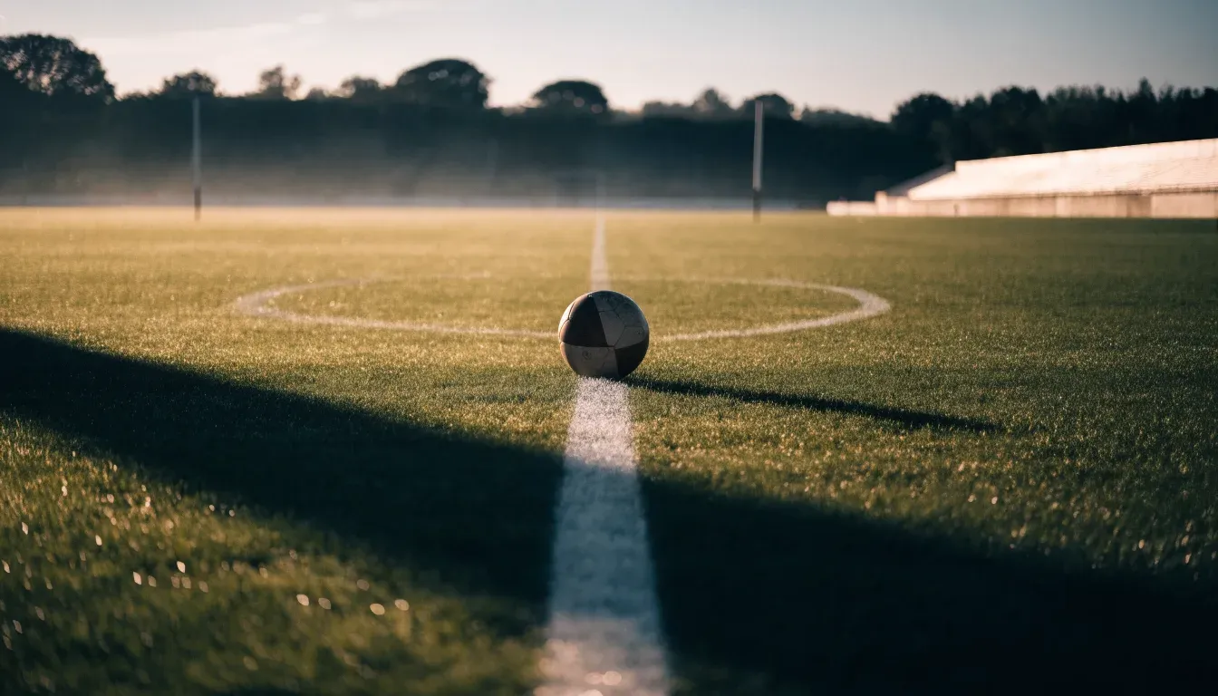 Ein einzelner Fussball liegt auf dem Anstosspunkt eines leeren Rasenplatzes am frühen Morgen, Tau glitzert auf dem Gras, die Tribüne liegt im Dunst.