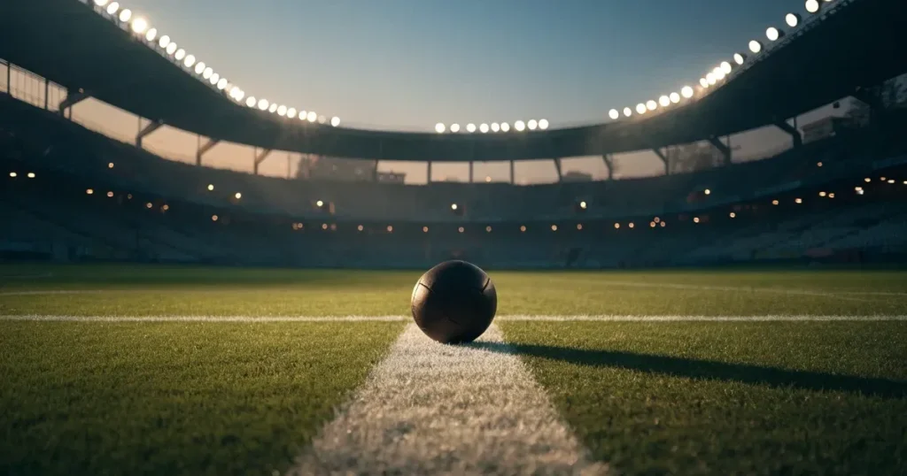 Ein Fussball liegt auf dem Mittelkreis eines Rasenfelds, die weissen Linien kreuzen sich auf dem gepflegten Gras im warmen Abendlicht.