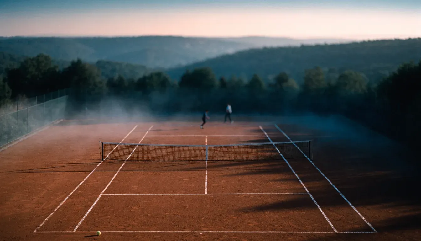 Ein Tennisplatz bei Sonnenaufgang, die Linien frisch gezogen, das Netz in der Mitte und Nebel über dem Boden.
