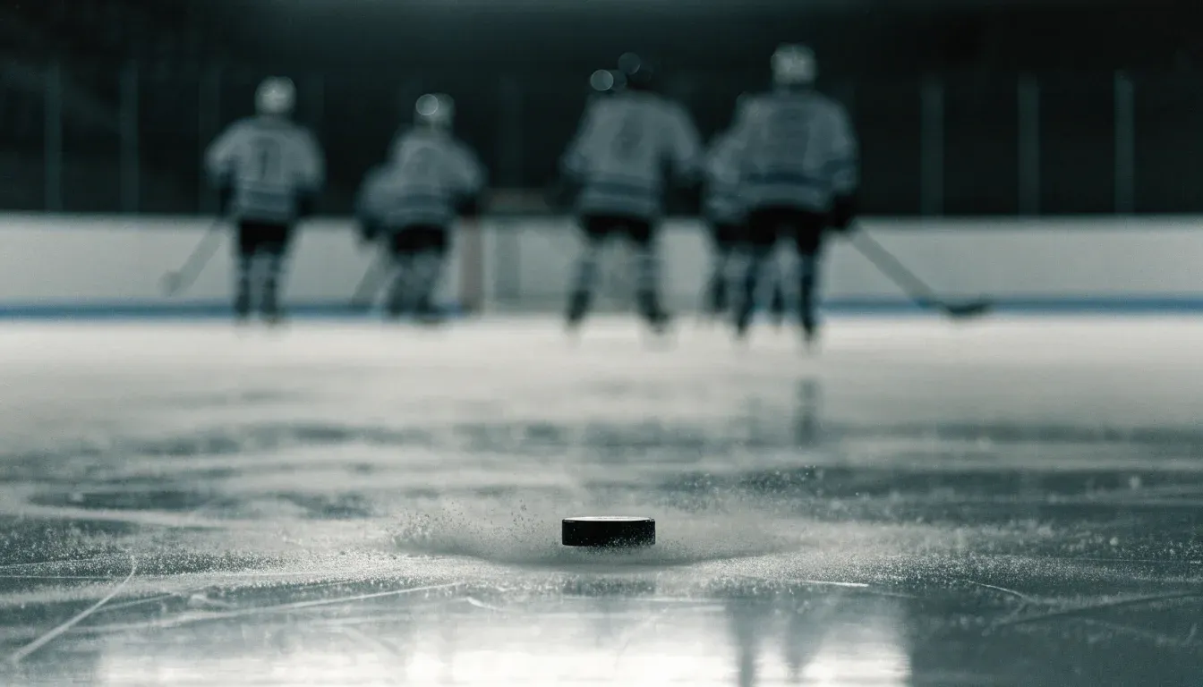 Ein Eishockeypuck liegt auf dem Eis, im Hintergrund unscharf die Bande unter hellem Hallenlicht.