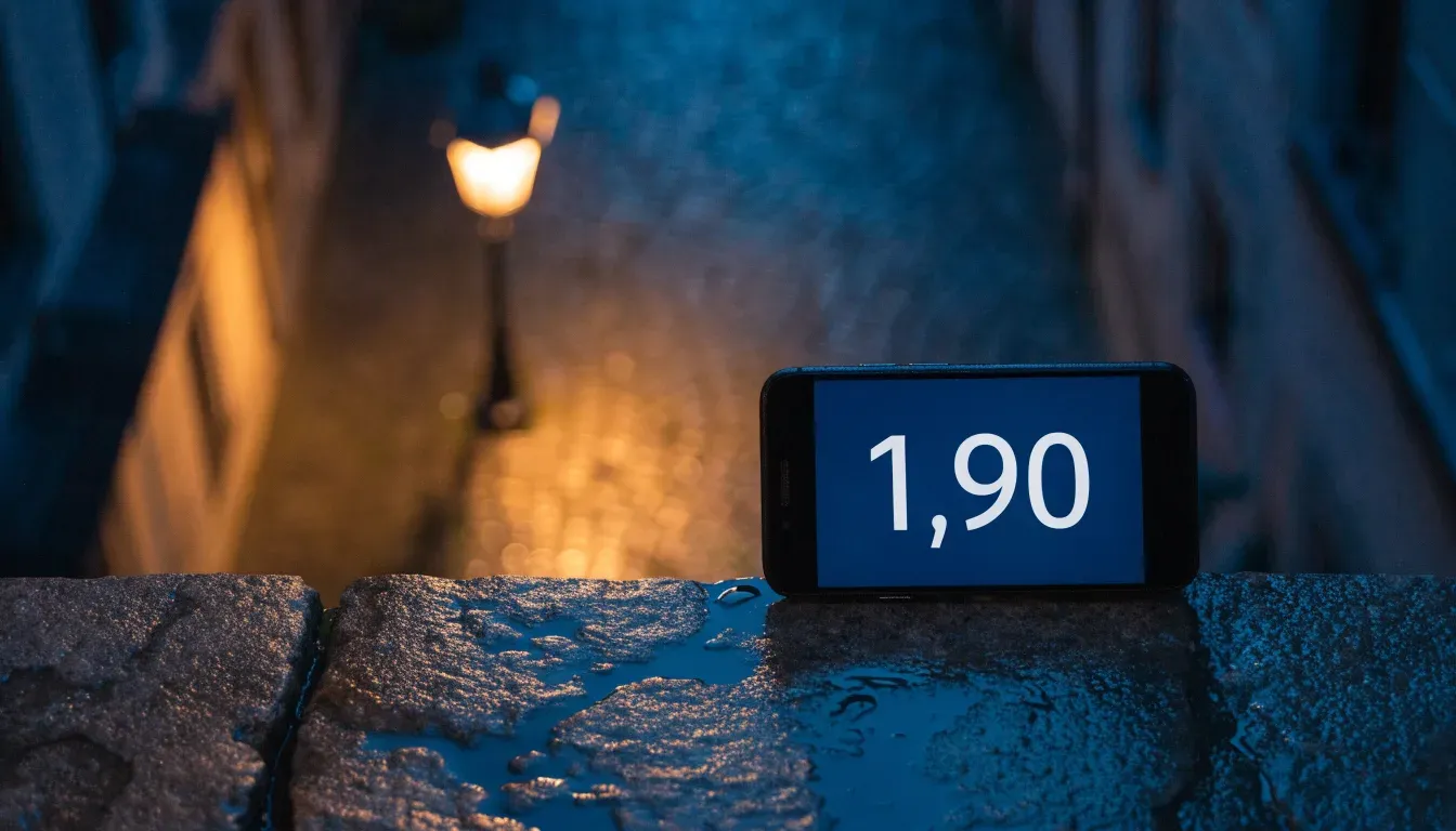 Eine Strassenlaterne in einer leeren Gasse am Abend, das nasse Kopfsteinpflaster spiegelt das warme Licht.