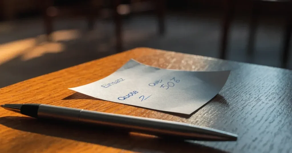 Ein leerer Wettschein aus Papier liegt neben einem Kugelschreiber auf einem Holztisch, weiches Licht fällt von der Seite.