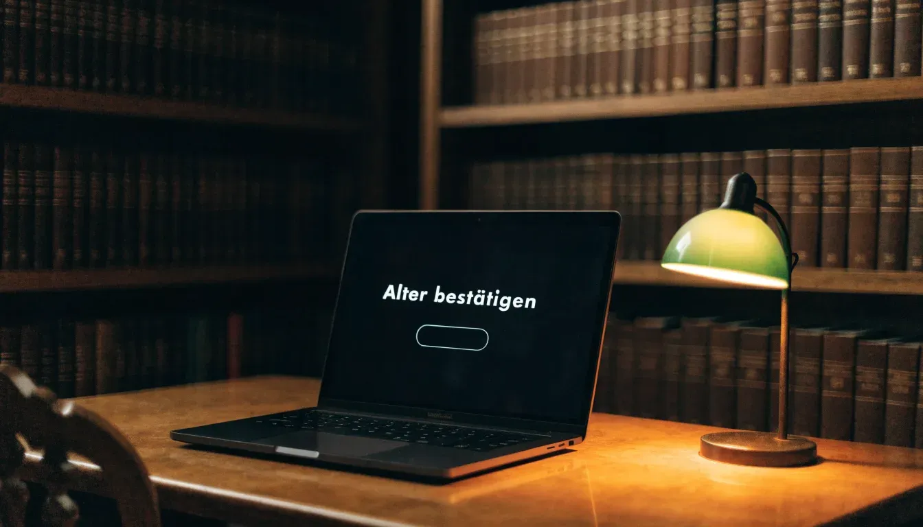 Eine Bibliothek mit hohen Holzregalen voller Bücher, im Vordergrund ein Lesetisch mit grüner Lampe.