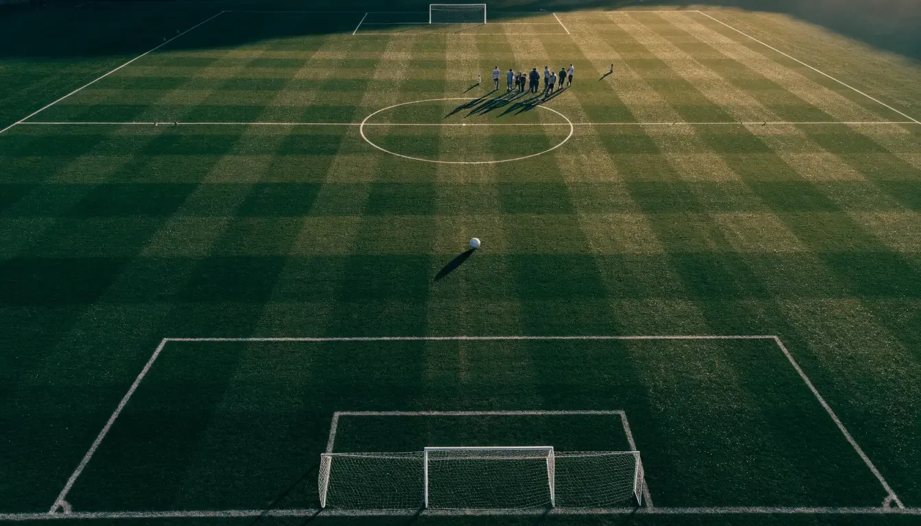 Ein Fussballplatz von oben gesehen, die Linien bilden ein helles Muster auf dem Rasen, Drohnenperspektive in der Morgendämmerung.