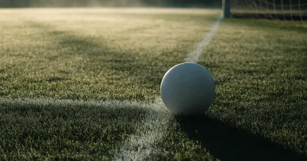 Ein Fussball und ein Massband liegen auf kurz geschnittenem Rasen neben einer Kreidelinie, Morgenlicht von der Seite.
