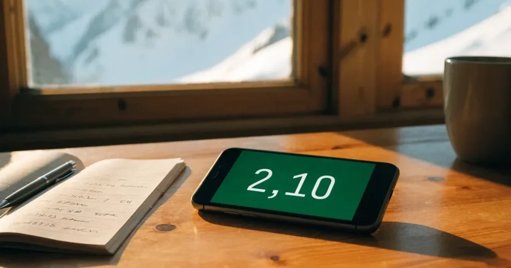 Mehrere Skier und Stöcke lehnen ordentlich in einer Reihe an der Holzwand einer Berghütte, vor dem Fenster liegt Schnee.