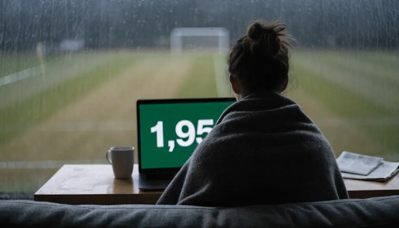 Ein Sofa mit Wolldecke steht vor einem grossen Fenster, draussen Regen und in der Ferne ein Fussballplatz.