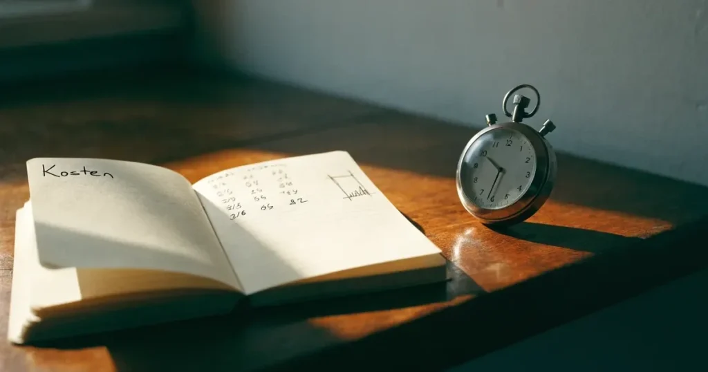 Ein aufgeschlagenes Notizbuch mit handschriftlichen Notizen und Skizzen liegt neben einer Stoppuhr auf einem Holztisch.