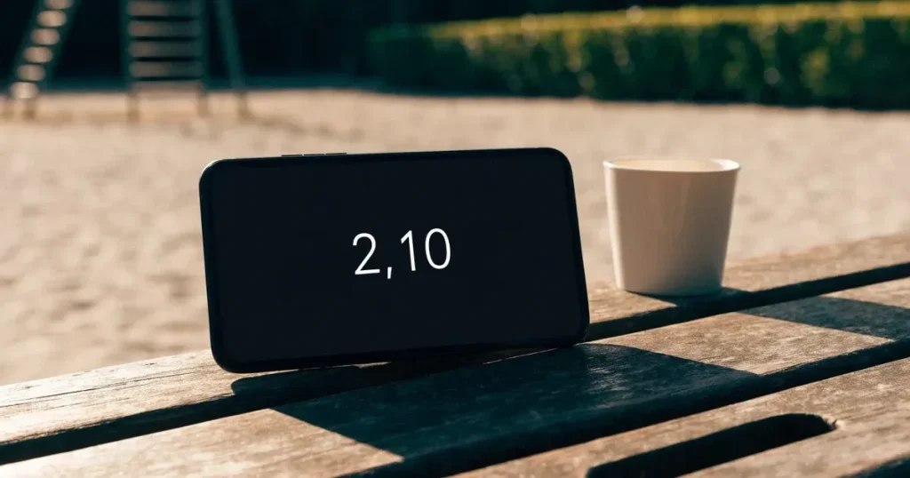 Ein Smartphone mit dunklem Display liegt auf einer Parkbank, daneben ein Kaffeebecher, im Hintergrund ein Spielplatz.