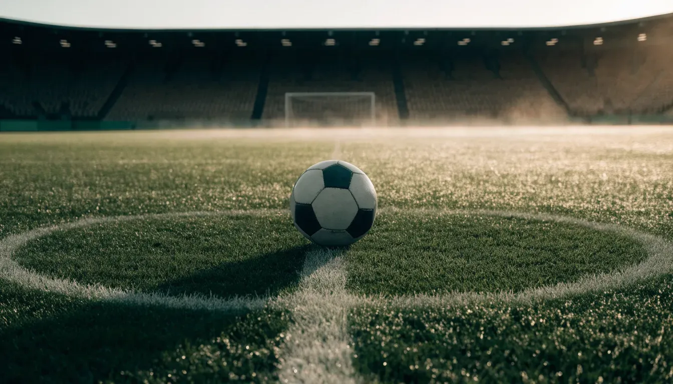 Ein Fussball liegt auf dem Anstosspunkt eines leeren Rasenplatzes im frühen Morgenlicht, dahinter erhebt sich eine menschenleere Tribüne.