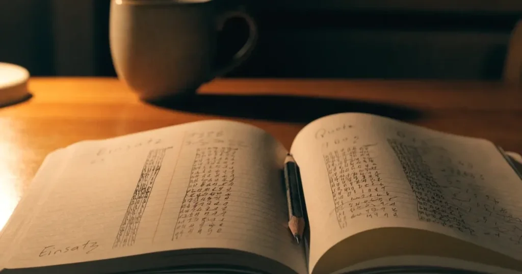 Ein aufgeschlagenes Notizbuch mit handschriftlichen Strichlisten und Spalten liegt neben einem Bleistift auf einem Holztisch im warmen Licht einer Schreibtischlampe.