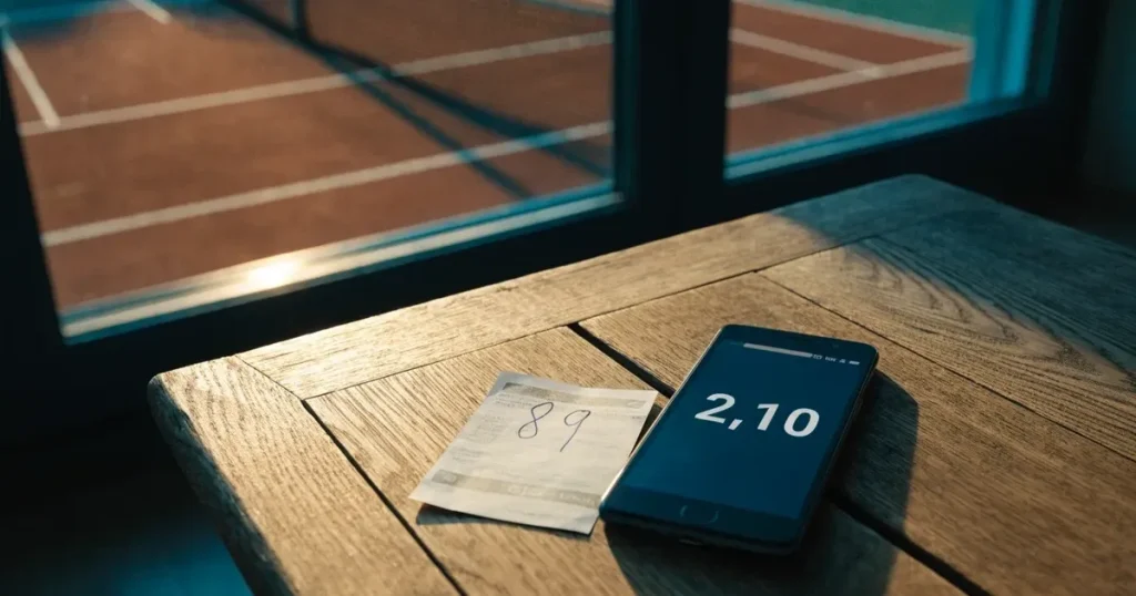 Ein Sandplatz für Tennis liegt bei Sonnenaufgang still da, das Netz wirft einen langen Schatten über die weissen Linien.
