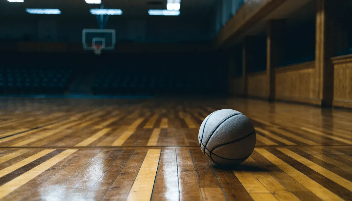 Ein Basketball liegt auf dem Parkett einer leeren Halle, von den Deckenlampen fällt gleichmässiges Licht auf den Boden.