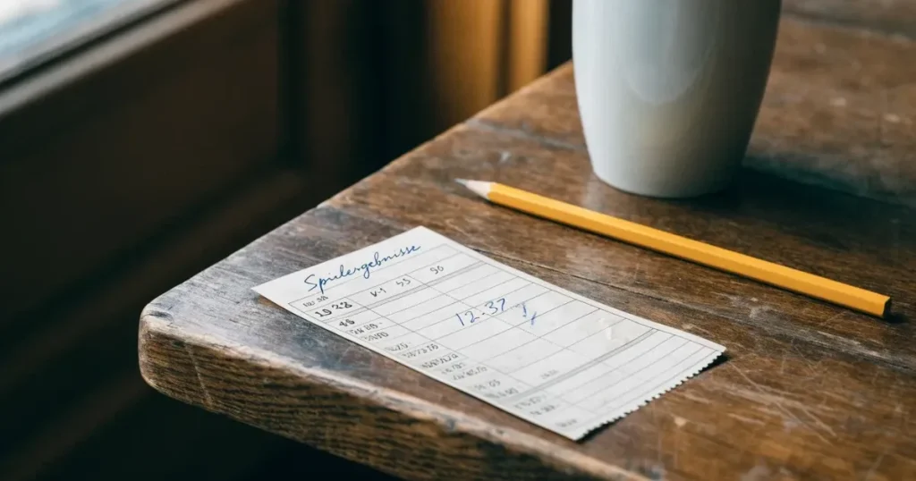 Ein leerer Wettschein aus Papier liegt auf einem Holztisch neben einem Bleistift und einem Kaffeebecher.