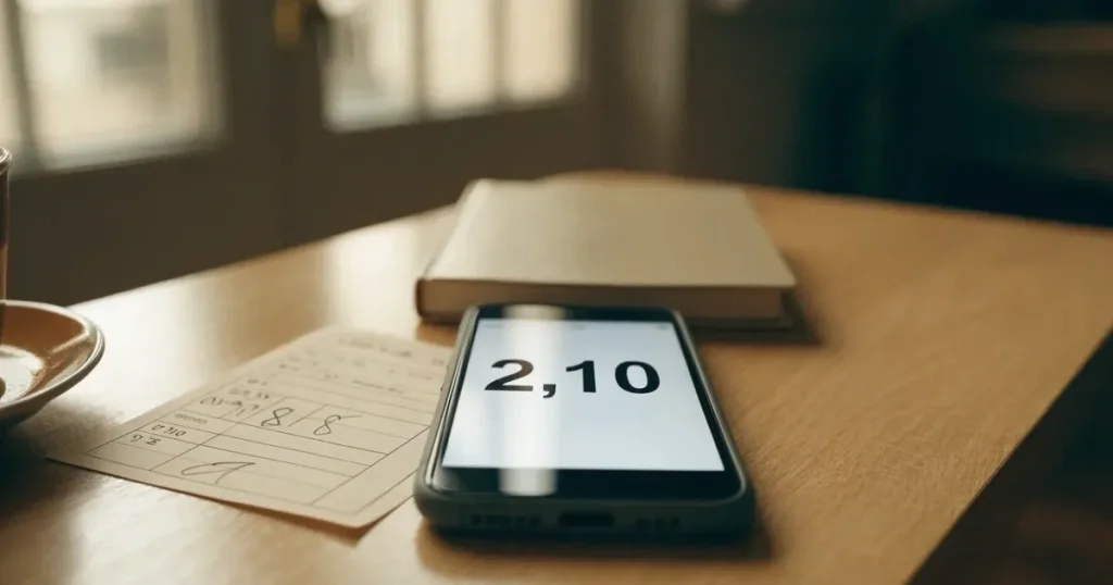 Ein Smartphone mit dunklem Display liegt neben einer Kaffeetasse auf einem hellen Tisch, daneben ein Notizblock.