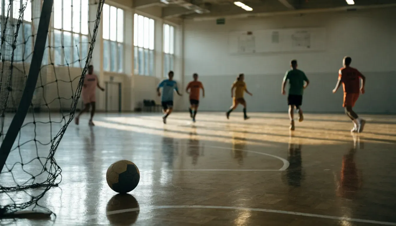 Ein Handballtor in einer leeren Sporthalle, der Ball liegt im Torraum und das Hallenlicht spiegelt sich im Parkett.