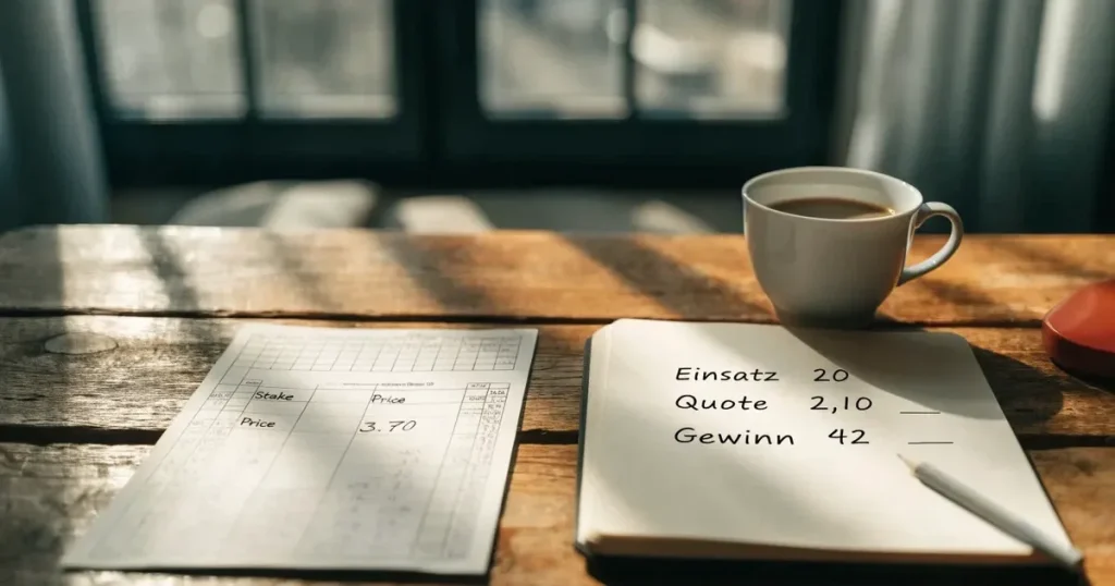 Ein Taschenrechner und ein Bleistift liegen auf kariertem Papier neben einer Tasse Kaffee, ein Fensterplatz mit Tageslicht.