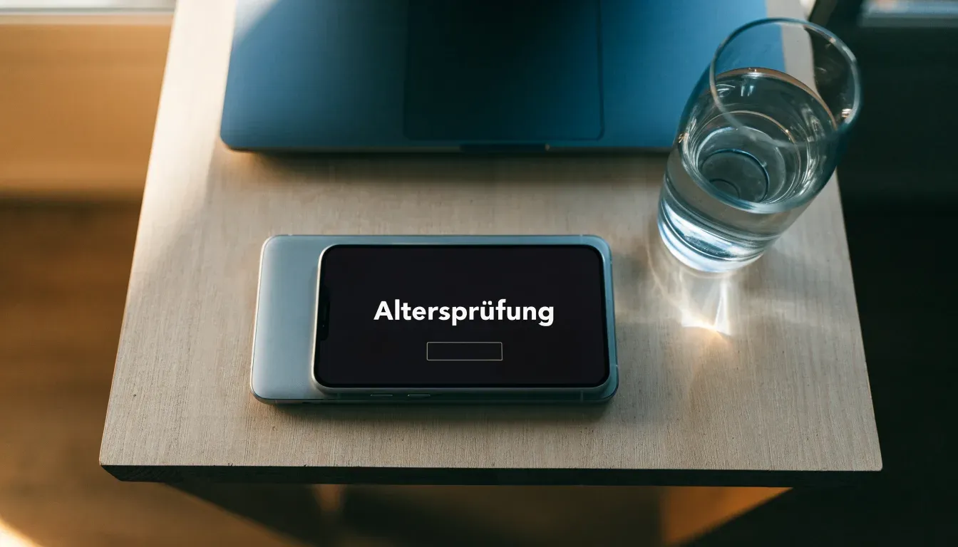 Ein geschlossener Laptop steht neben einem Glas Wasser auf einem Küchentisch im Licht des frühen Morgens.
