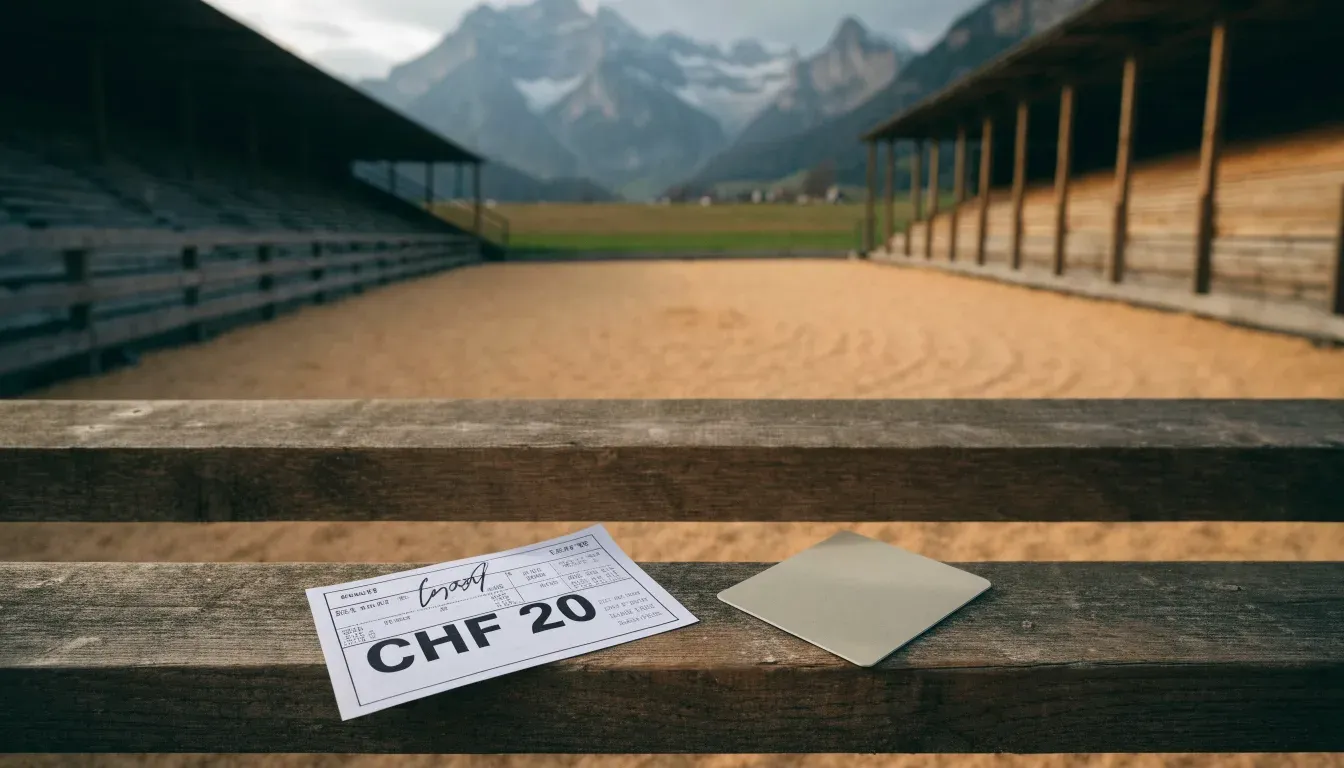 Ein Sägemehlring zwischen Tribünen aus Holz vor Alpenkulisse, ruhig und menschenleer unter bewölktem Himmel.