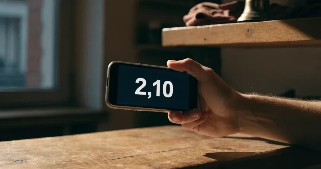 Eine Hand hält ein Smartphone mit dunklem Display knapp über eine hölzerne Ladentheke in einem kleinen Geschäft.