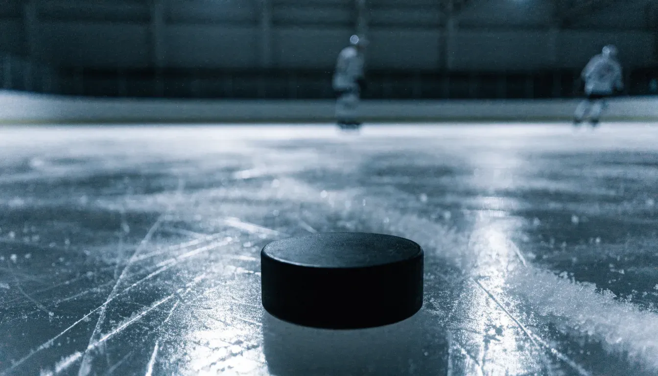 Ein Eishockeypuck liegt in Grossaufnahme auf der Eisfläche, feine Kratzer im Eis glänzen im hellen Hallenlicht.