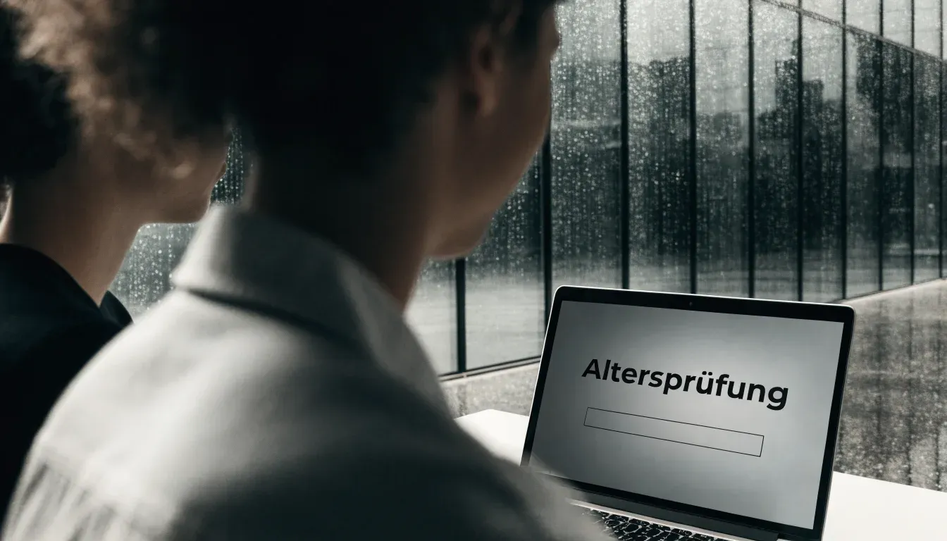 Eine Fassade aus Glas und Stahl am Eingang eines Bürogebäudes im Regen, auf dem nassen Boden spiegelt sich das Licht.