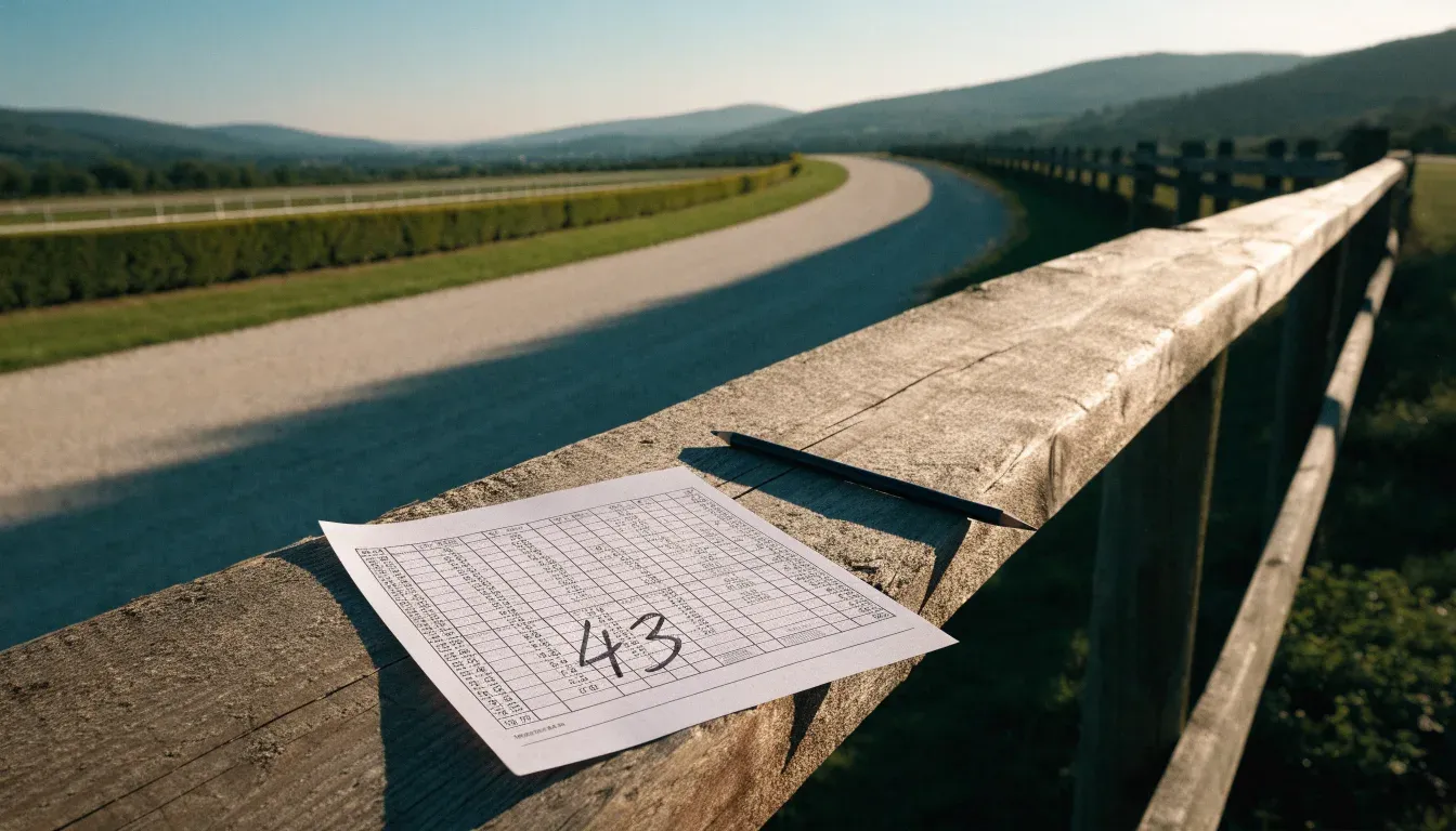 Eine leere Pferderennbahn mit gepflegter Zielgeraden und Holzzaun, im Hintergrund stehen Berge im Dunst.