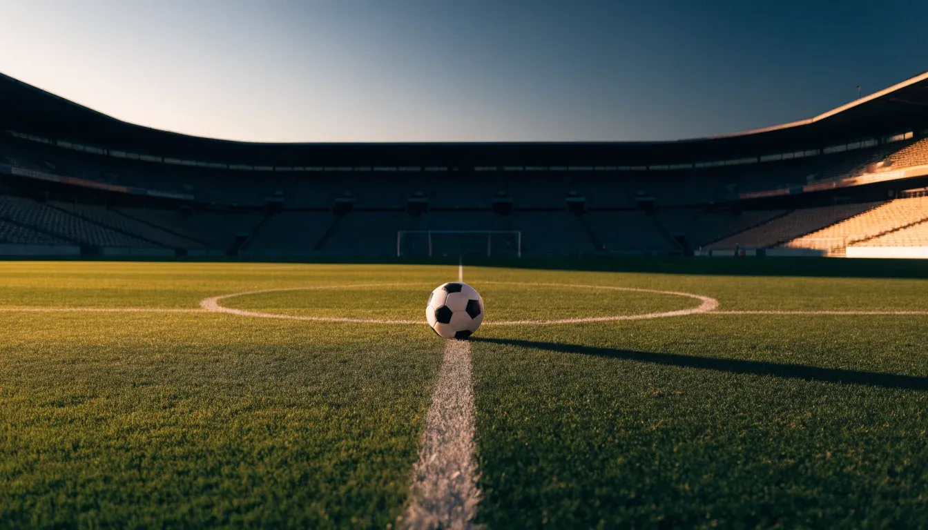 Ein Fussball liegt auf dem Mittelkreis eines leeren Rasenplatzes, dahinter ragen leere Tribünenreihen in den Abendhimmel.