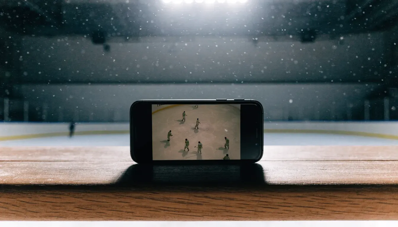 Eine Eishockeybahn liegt unter Flutlicht aus der Ferne betrachtet, leichter Schneefall treibt durch den Lichtkegel über dem Eis.