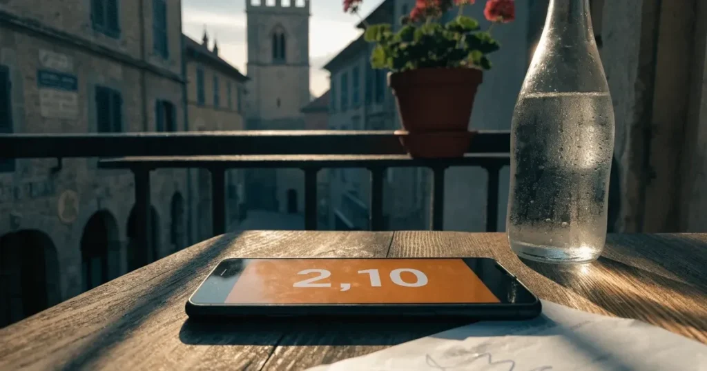 Ein Smartphone mit dunklem Display lehnt an einer Glasflasche auf einem Balkontisch, dahinter liegt eine Altstadt in der Abendsonne.