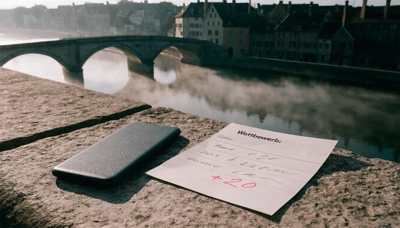 Eine steinerne Bogenbrücke überspannt am frühen Morgen einen Fluss in einer Altstadt, auf dem Wasser liegt dünner Nebel.