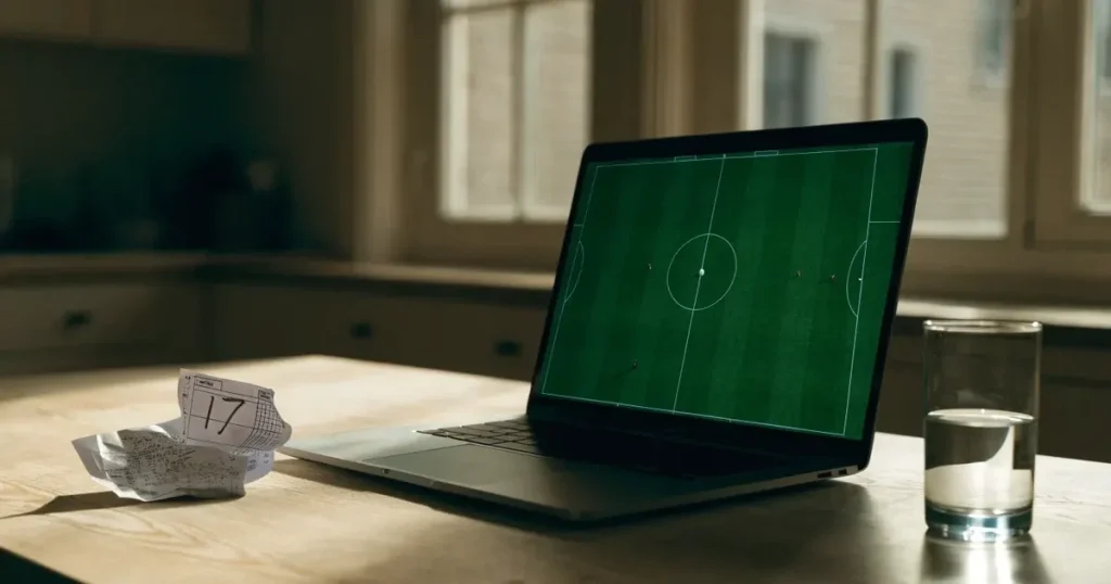 Ein geschlossener Laptop steht auf einem Küchentisch neben einem Wasserglas, durch das Fenster dahinter fällt weiches Tageslicht.