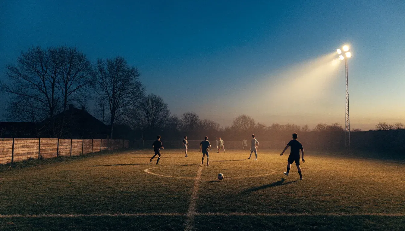Ein kleiner Dorf-Fussballplatz liegt in der Dämmerung unter einem hohen Flutlichtmast, am Spielfeldrand steht ein Holzzaun.
