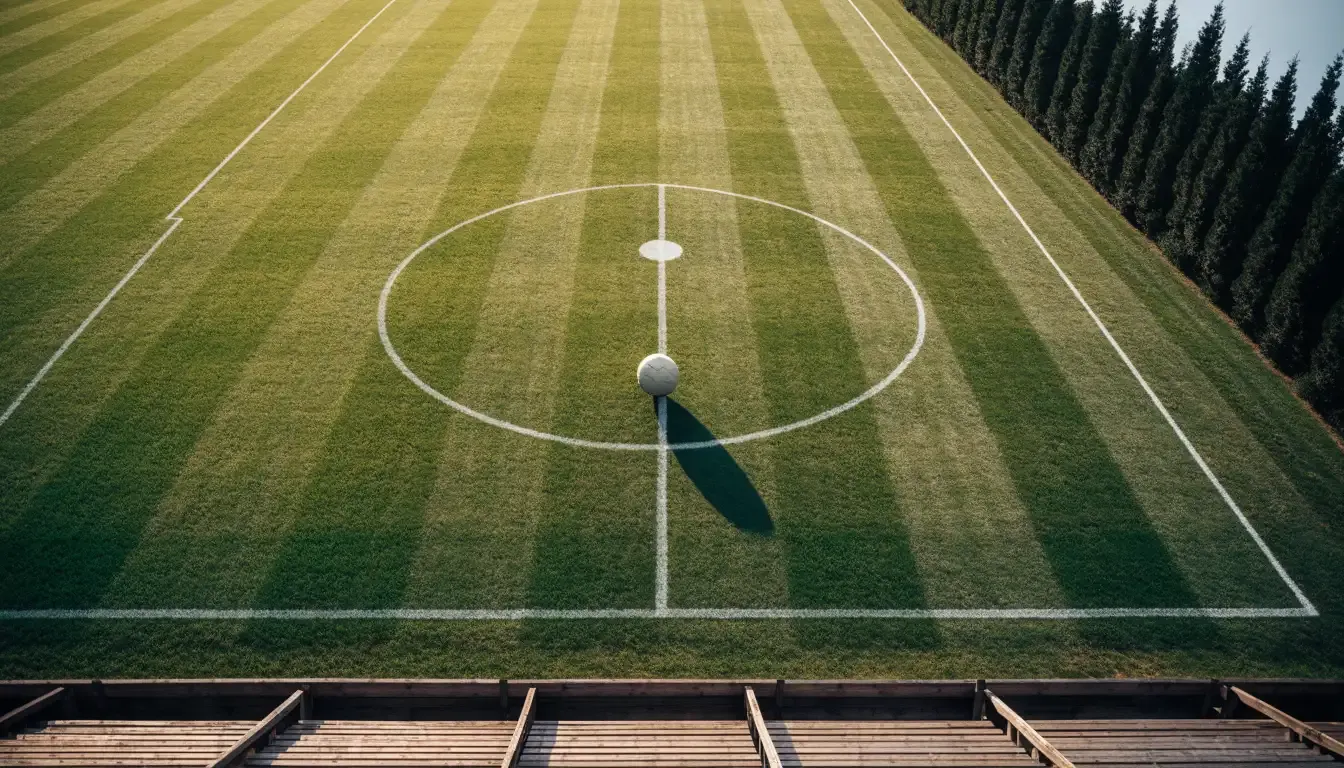 Ein Rasenplatz mit Spielfeldlinien ist von oben gesehen, ein einzelner Ball liegt in der Mitte, rundherum stehen leere Tribünen und Tannenwald.