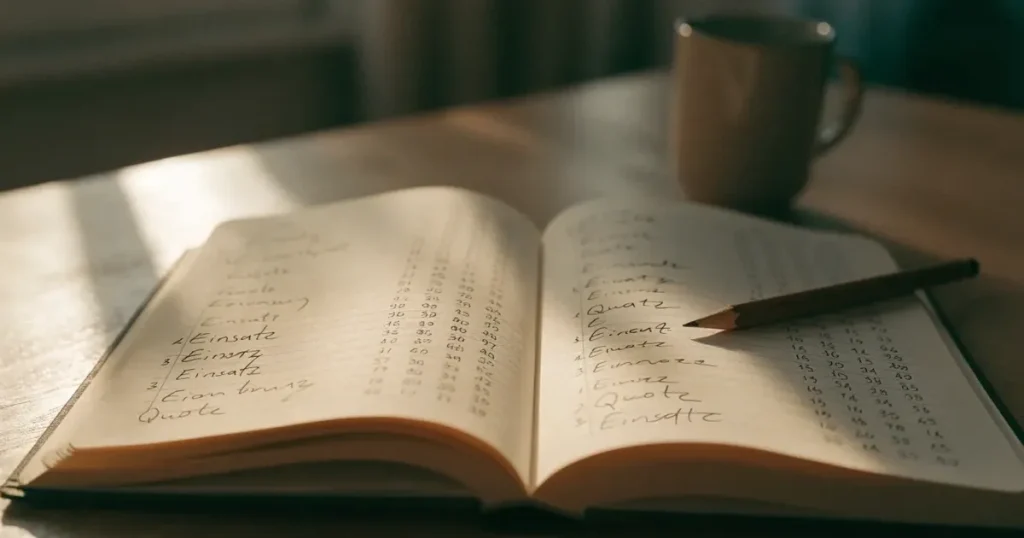 Ein aufgeschlagenes Notizbuch mit handschriftlichen Notizen und ein gespitzter Bleistift liegen auf einem hellen Holztisch im Morgenlicht.