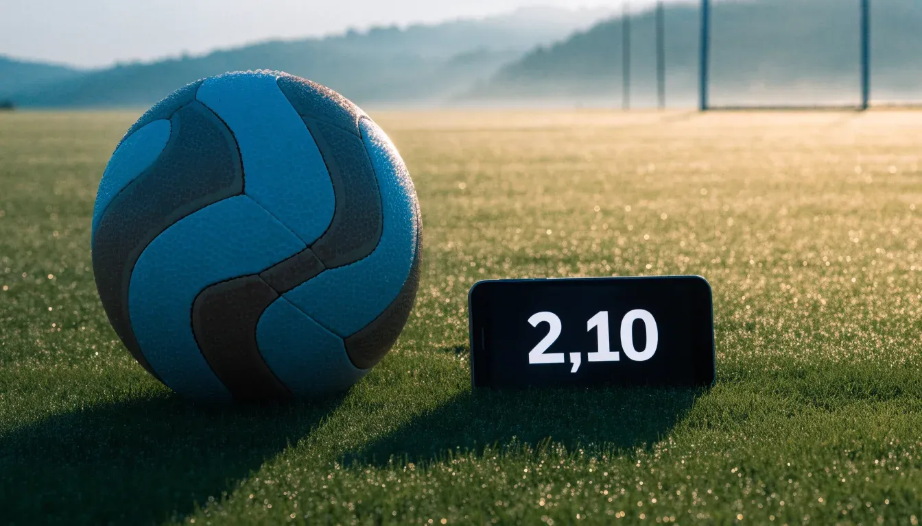 Ein Fussball liegt am frühen Morgen auf dem Anstosspunkt eines taunassen Rasens, im Hintergrund erheben sich Hügel im Dunst.