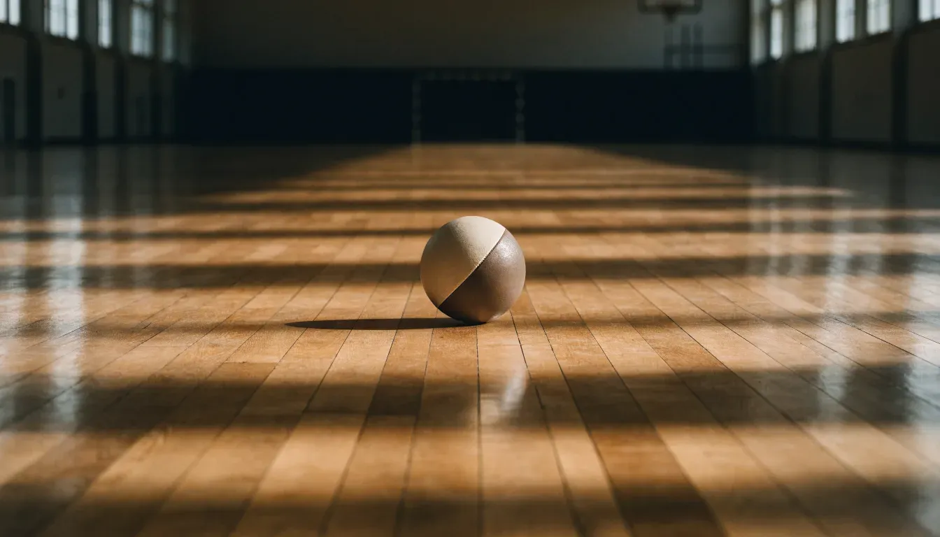 Der Boden einer Sporthalle aus poliertem Parkett mit einem einzelnen Handball in der Mitte, Licht fällt durch hohe Fenster.