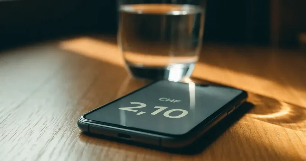 Ein Smartphone liegt mit dem Display nach unten auf einem Holztisch neben einem Wasserglas.