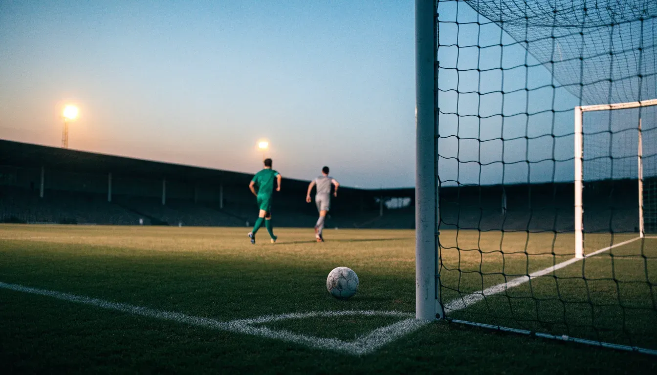 Die Silhouette eines Stadiondachs vor dem violetten Abendhimmel, dahinter eine Hügelkette.