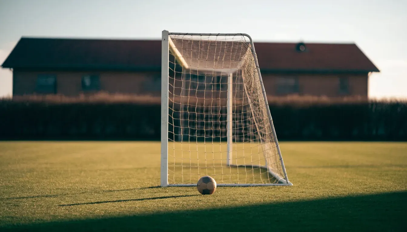 Ein Fussballtor mit locker hängendem Netz auf einem Trainingsplatz, das sich leicht im Wind bewegt.