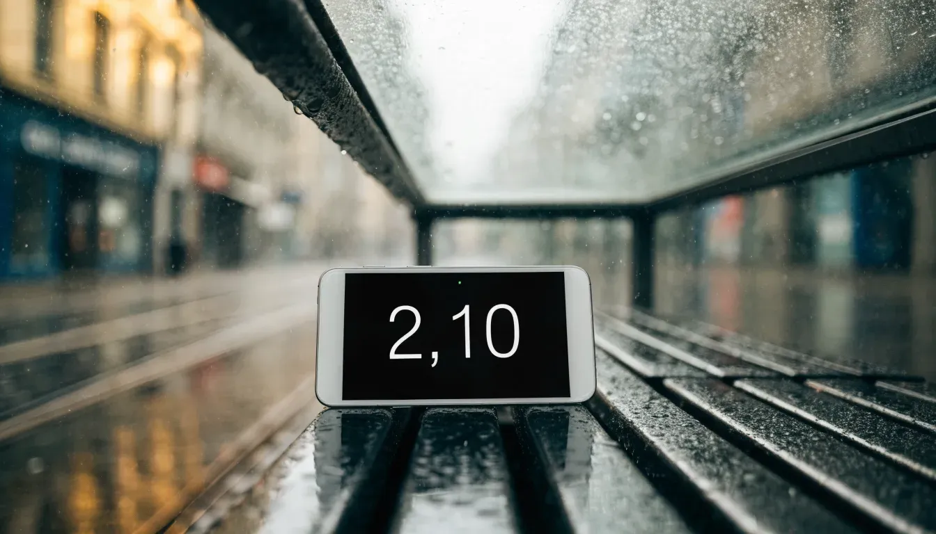 Eine Tramhaltestelle in einer Schweizer Stadt bei Regen, nasses Pflaster spiegelt das Licht.