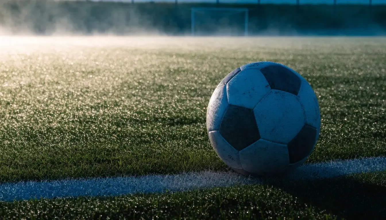Ein Fussball ruht an der Seitenlinie im taufeuchten Gras, die ersten Sonnenstrahlen fallen schräg über den Platz.