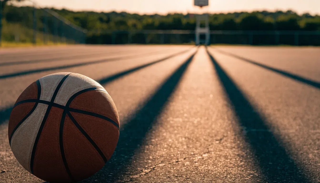 Ein Basketball liegt bei Sonnenuntergang auf einem leeren Aussenplatz, lange Schatten fallen über den Boden.