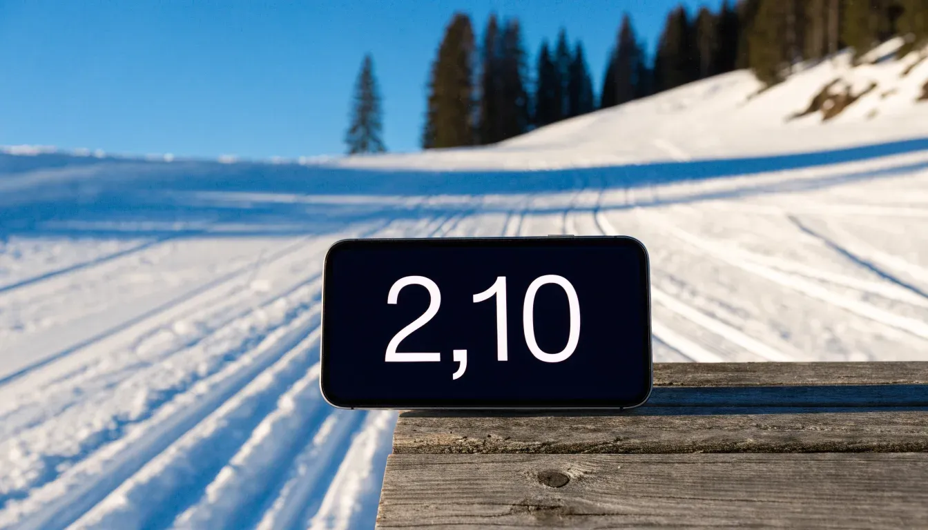 Skispuren im frischen Schnee an einem sonnigen Hang vor blauem Himmel.