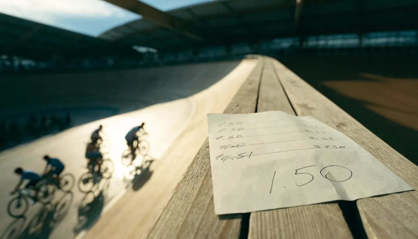 Eine leere Radrennbahn mit steilen Kurven und glattem Holzbelag in der Morgensonne.