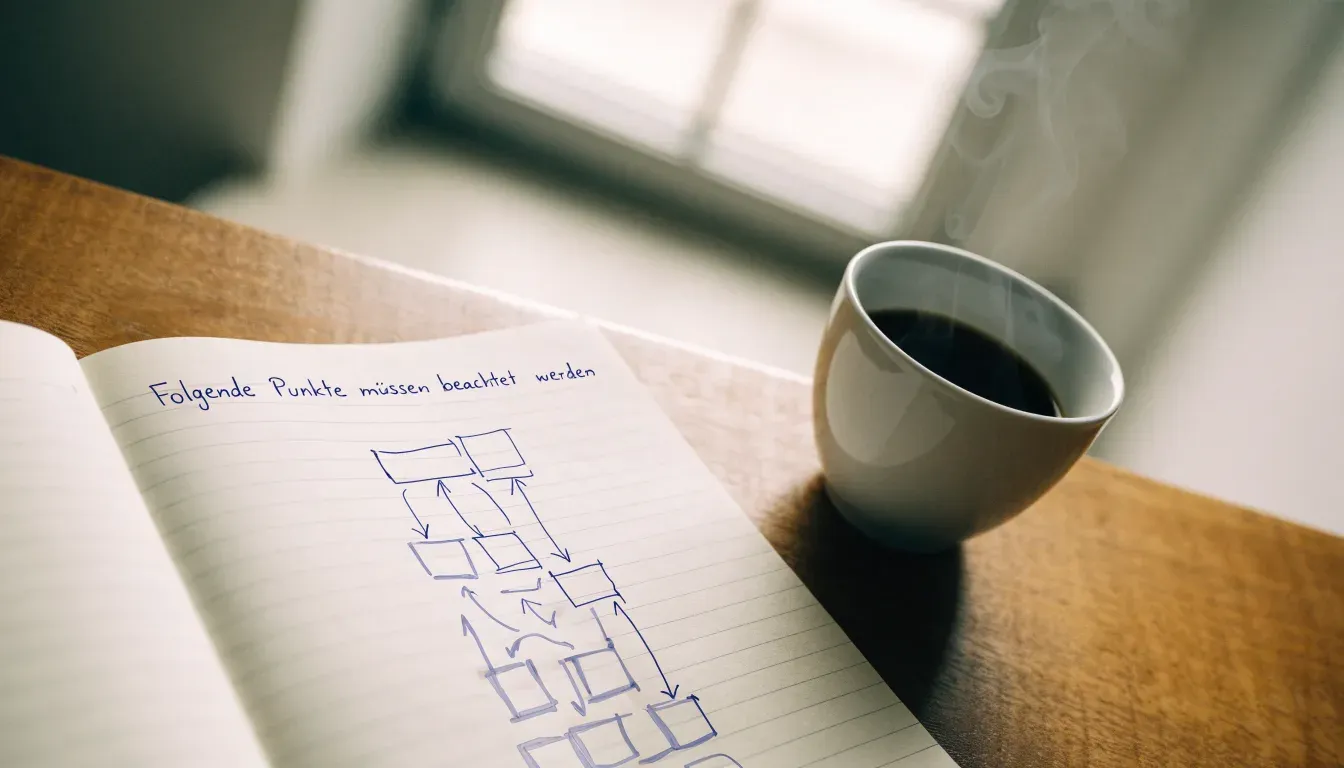 Ein aufgeschlagenes Notizbuch mit handschriftlichen Pfeilen und Kästchen liegt neben einer Kaffeetasse auf einem Schreibtisch am Fenster.