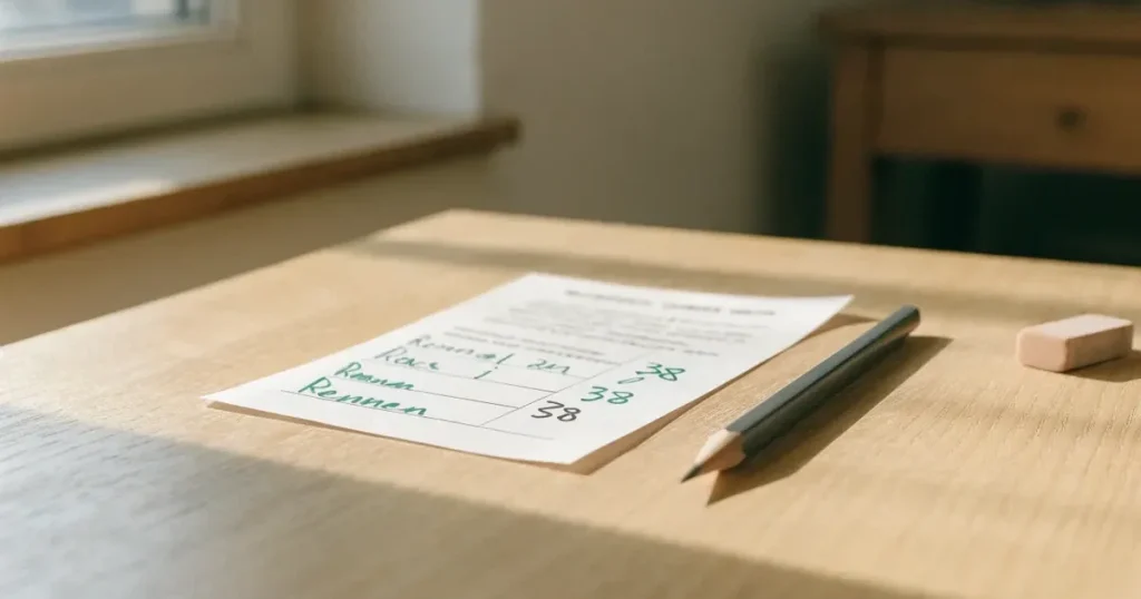 Ein leerer Wettschein aus Papier liegt neben einem Bleistift und einem Radiergummi auf einem hellen Holztisch im Tageslicht.