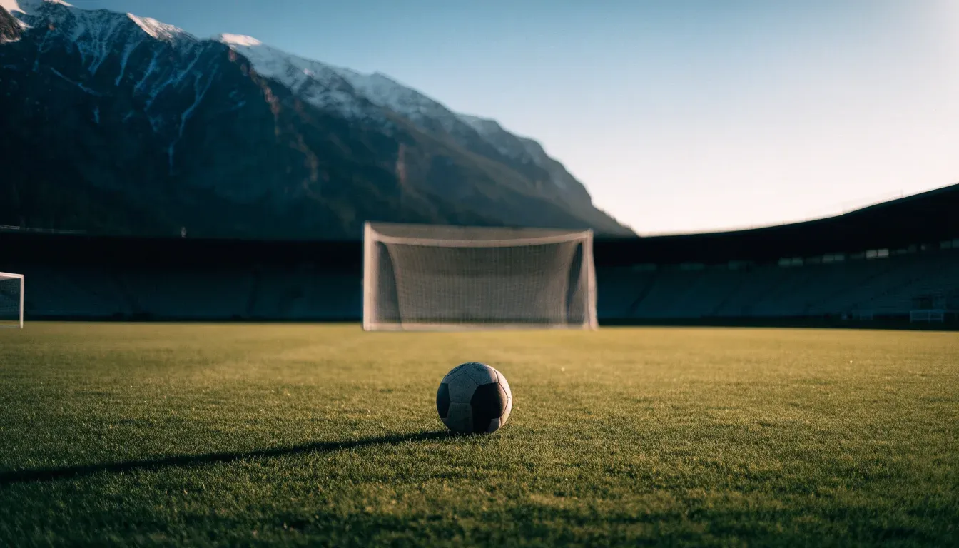 Ein Fussball liegt auf dem Rasen eines leeren Stadions am frühen Abend, dahinter erheben sich schneebedeckte Berge unter klarem Himmel.