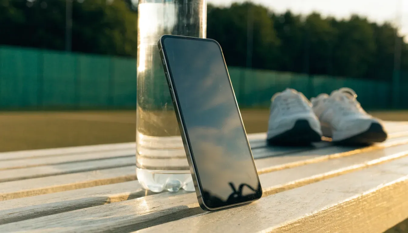 Ein Smartphone mit dunklem Bildschirm lehnt an einer Wasserflasche, daneben stehen Laufschuhe auf einer Bank am Sportplatz.