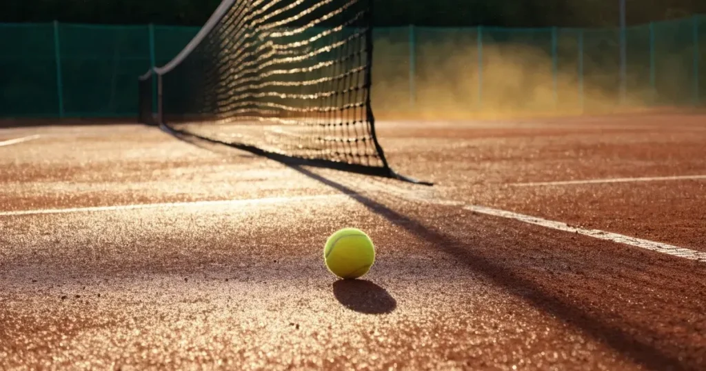 Ein Tennisplatz im ersten Morgenlicht, das Netz hängt leicht durch und auf der Grundlinie liegt ein einzelner Ball.